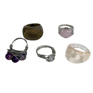 Lot of 6 Fashion Rings: Wired Wrapped, Wood & Glass